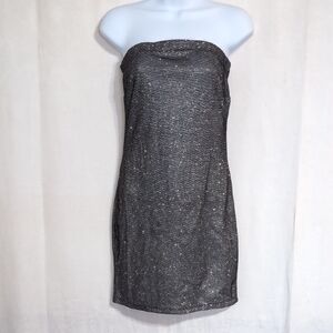 Forever 21 Black Silver Glitter Strapless Dress Back Zip Size Small NWT